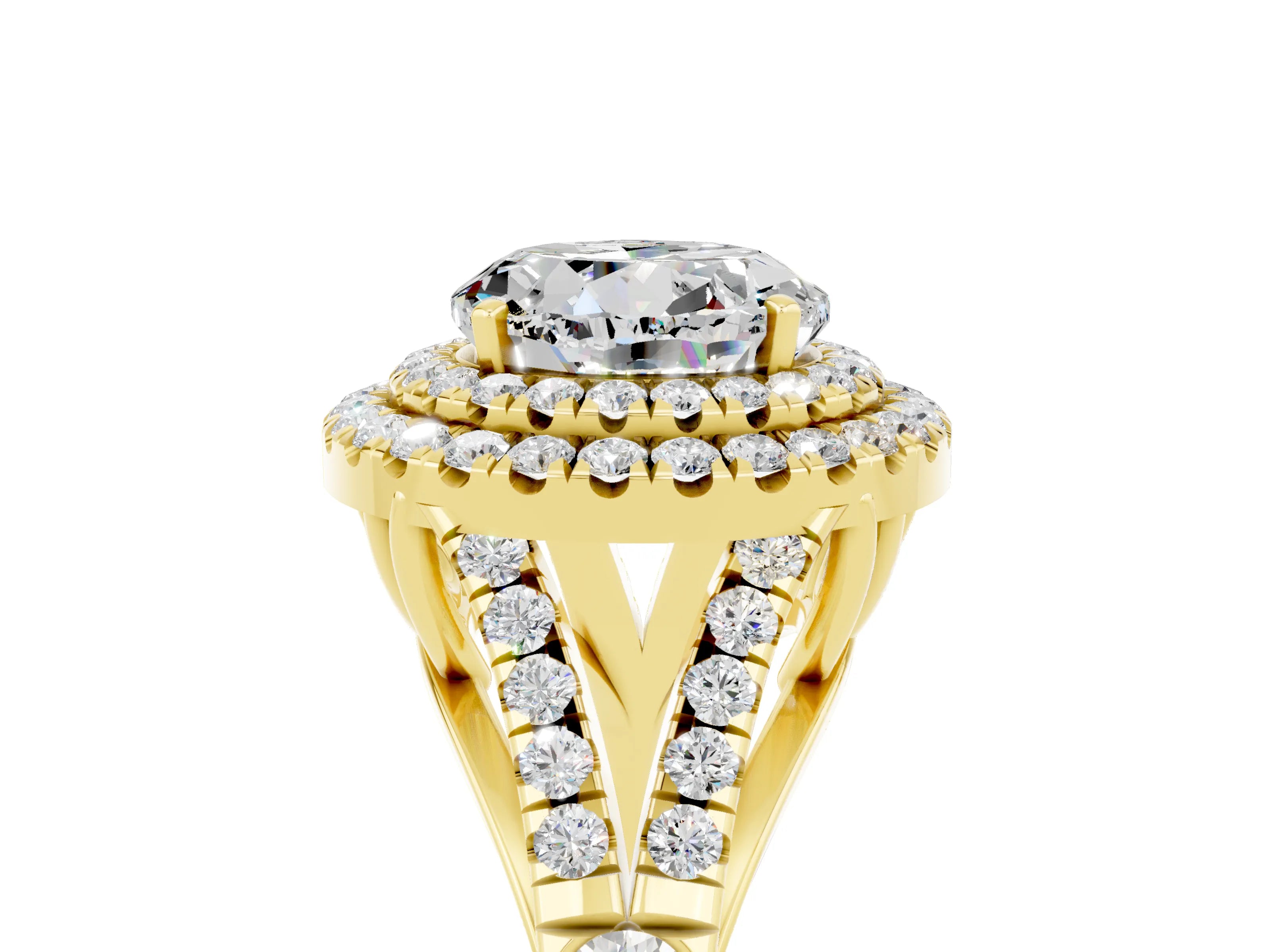Yellow gold Double Halo Round Cut Moissanite Split Shank Engagement Ring with Four-Prong Setting_5