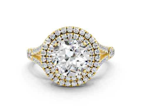 Yellow gold Double Halo Round Cut Moissanite Split Shank Engagement Ring with Four-Prong Setting