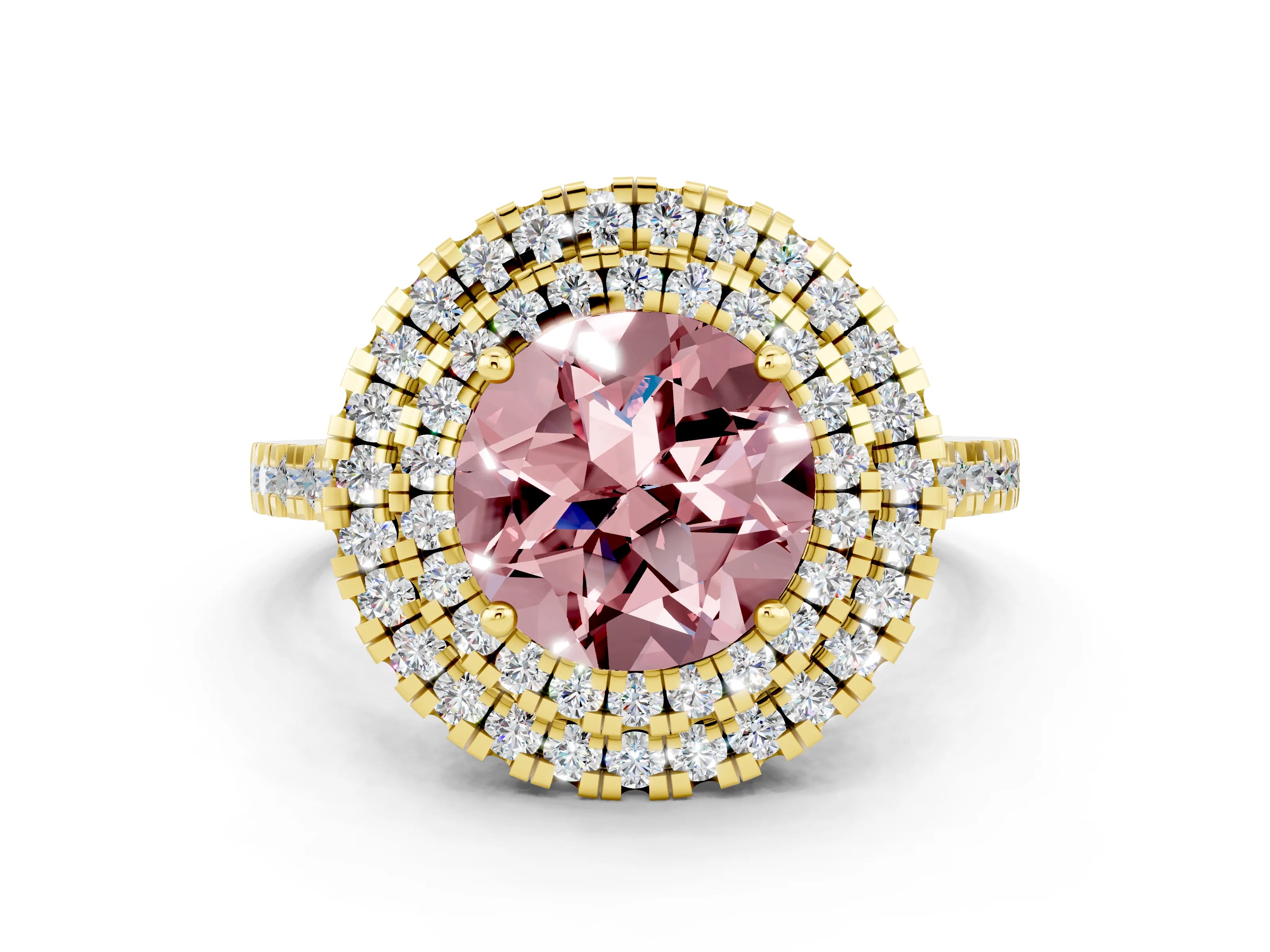 Yellow gold Double Halo Round Cut Morganite Pavé Band with Four-Prong Setting