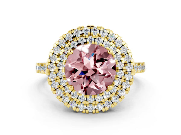 Yellow gold Double Halo Round Cut Morganite Pavé Band with Four-Prong Setting
