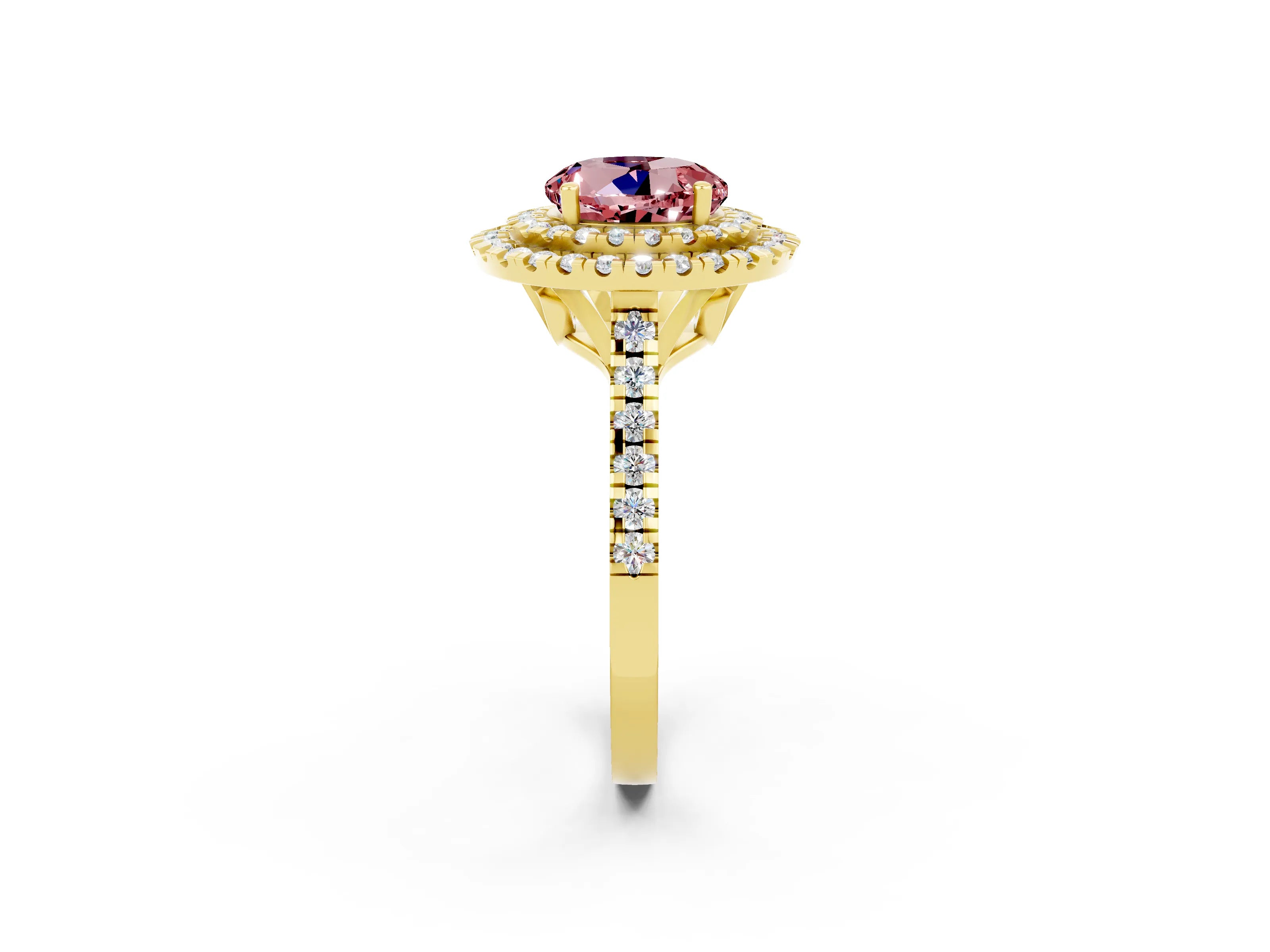 Yellow gold Double Halo Round Cut Morganite Pavé Band with Four-Prong Setting_2