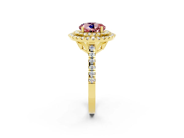 Yellow gold Double Halo Round Cut Morganite Pavé Band with Four-Prong Setting