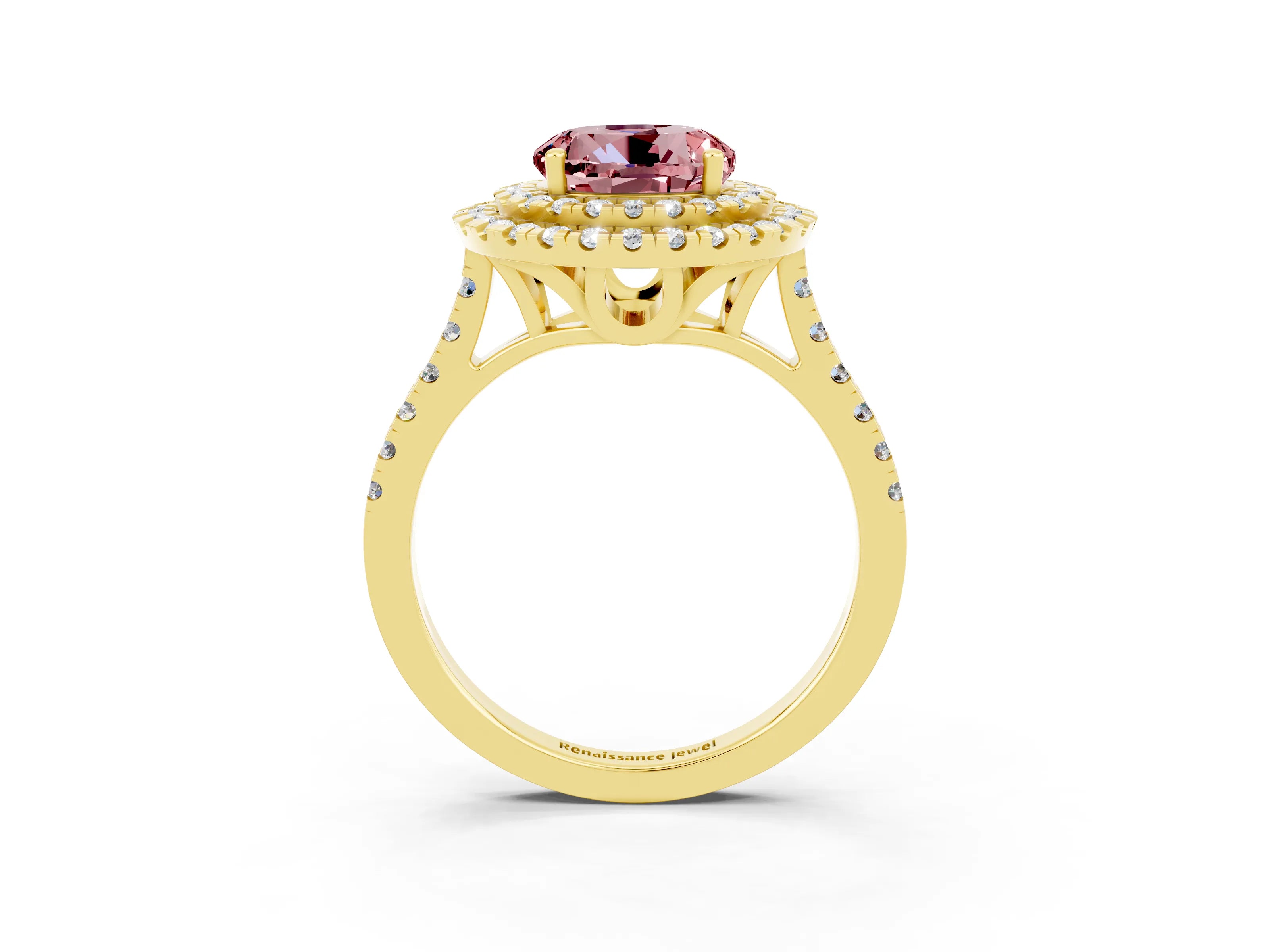 Yellow gold Double Halo Round Cut Morganite Pavé Band with Four-Prong Setting_3
