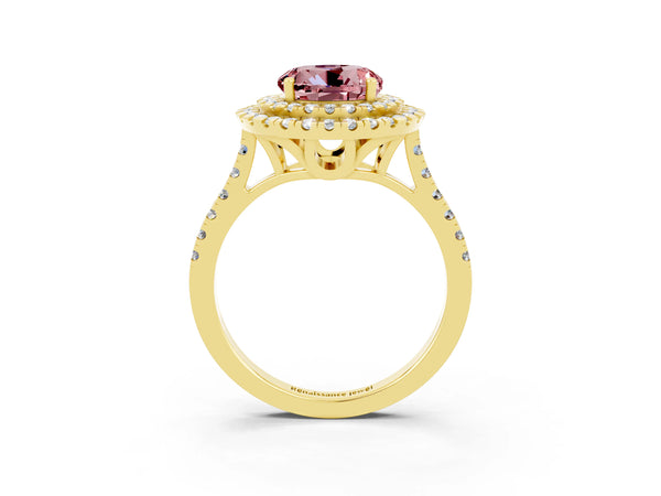 Yellow gold Double Halo Round Cut Morganite Pavé Band with Four-Prong Setting