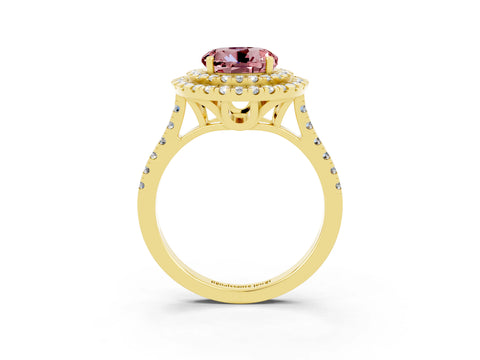 Yellow gold Double Halo Round Cut Morganite Pavé Band with Four-Prong Setting_3
