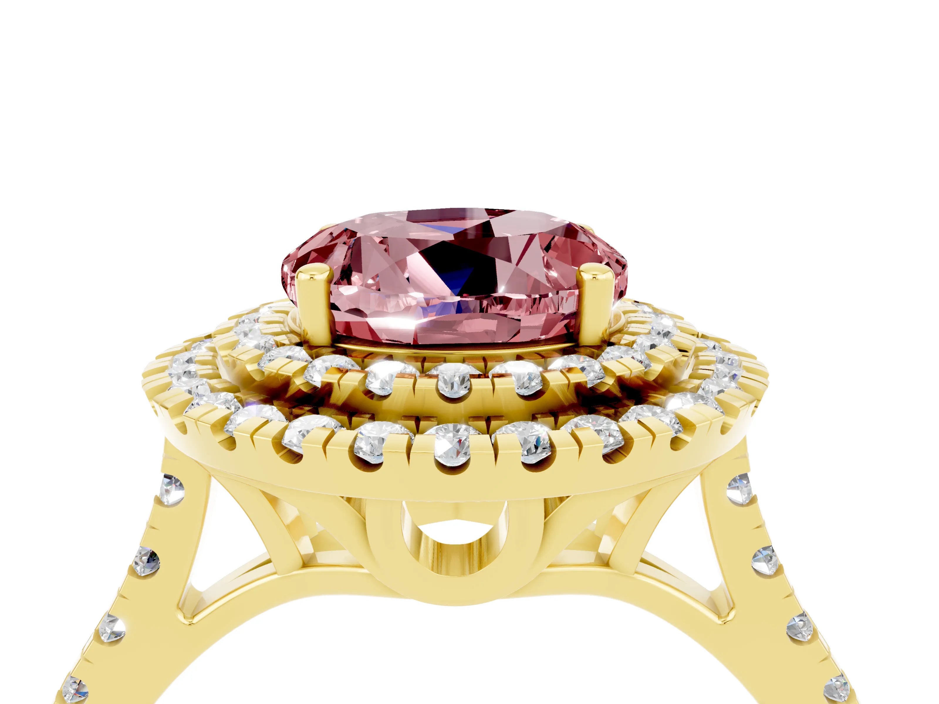 Yellow gold Double Halo Round Cut Morganite Pavé Band with Four-Prong Setting_4