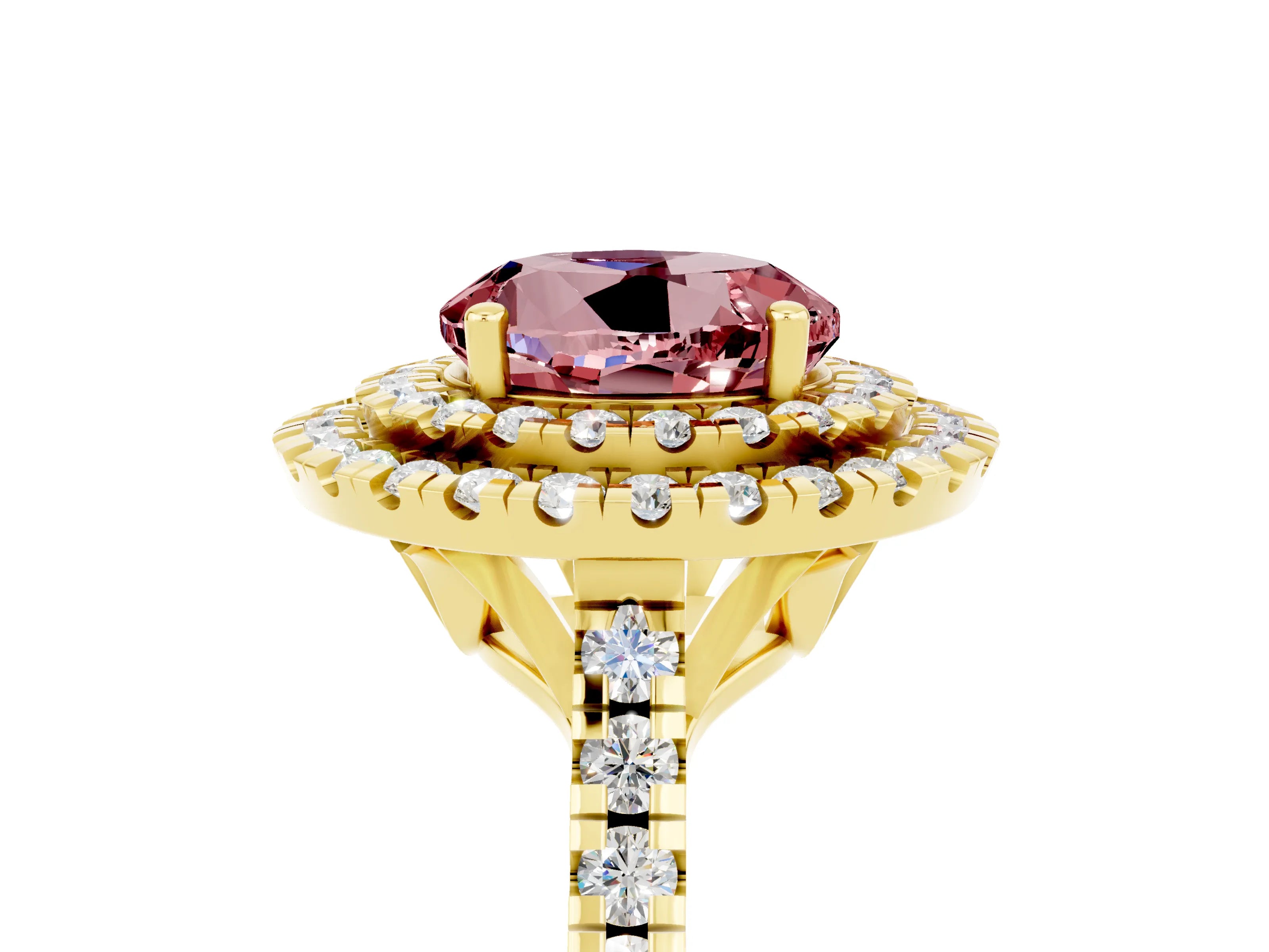 Yellow gold Double Halo Round Cut Morganite Pavé Band with Four-Prong Setting_5