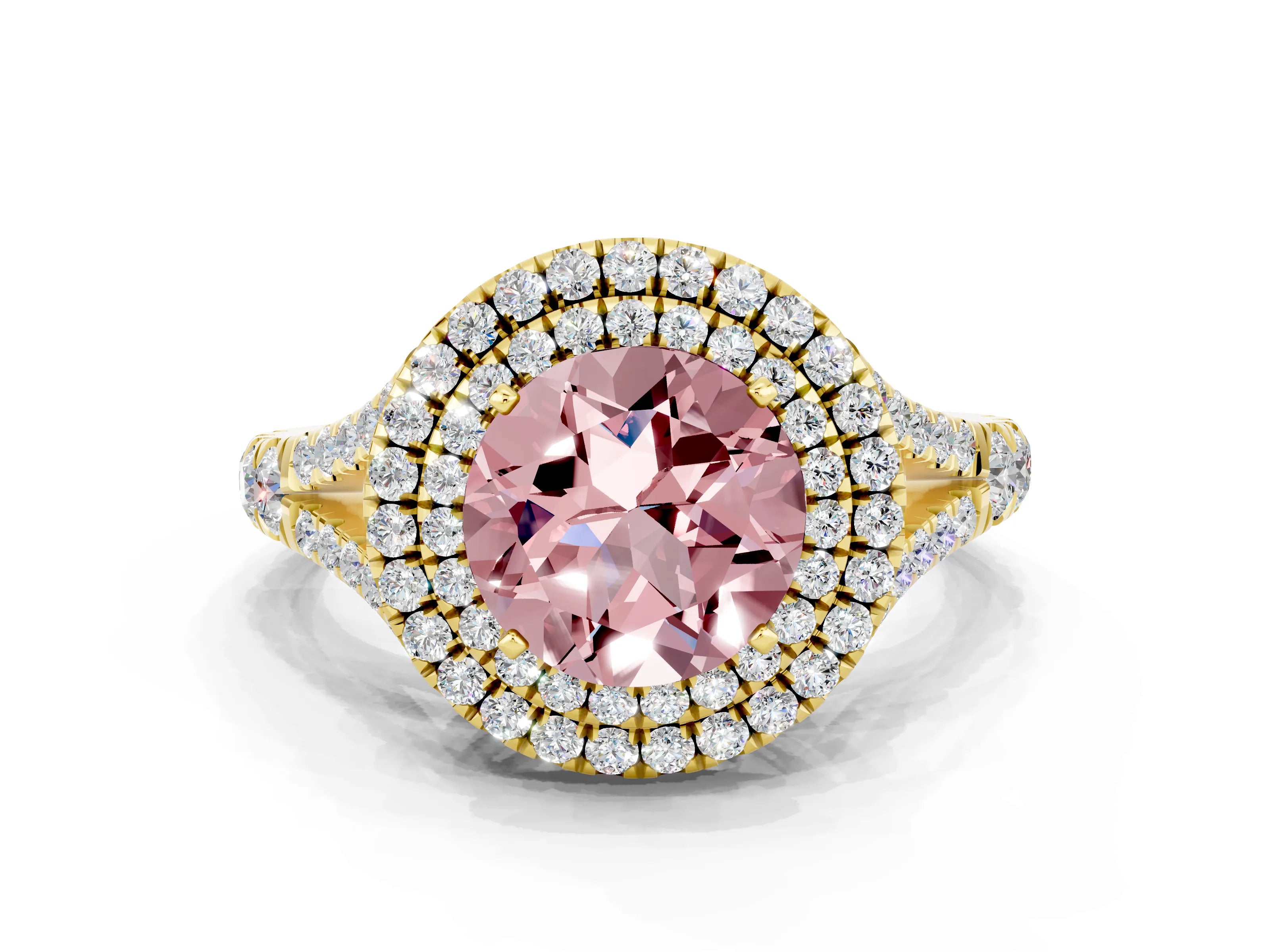 Yellow gold Double Halo Round Cut Morganite Pavé Split Shank Ring with Prong Setting