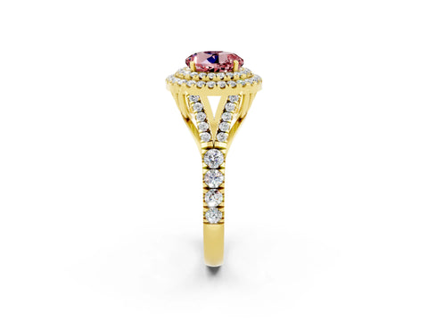 Yellow gold Double Halo Round Cut Morganite Pavé Split Shank Ring with Prong Setting_2