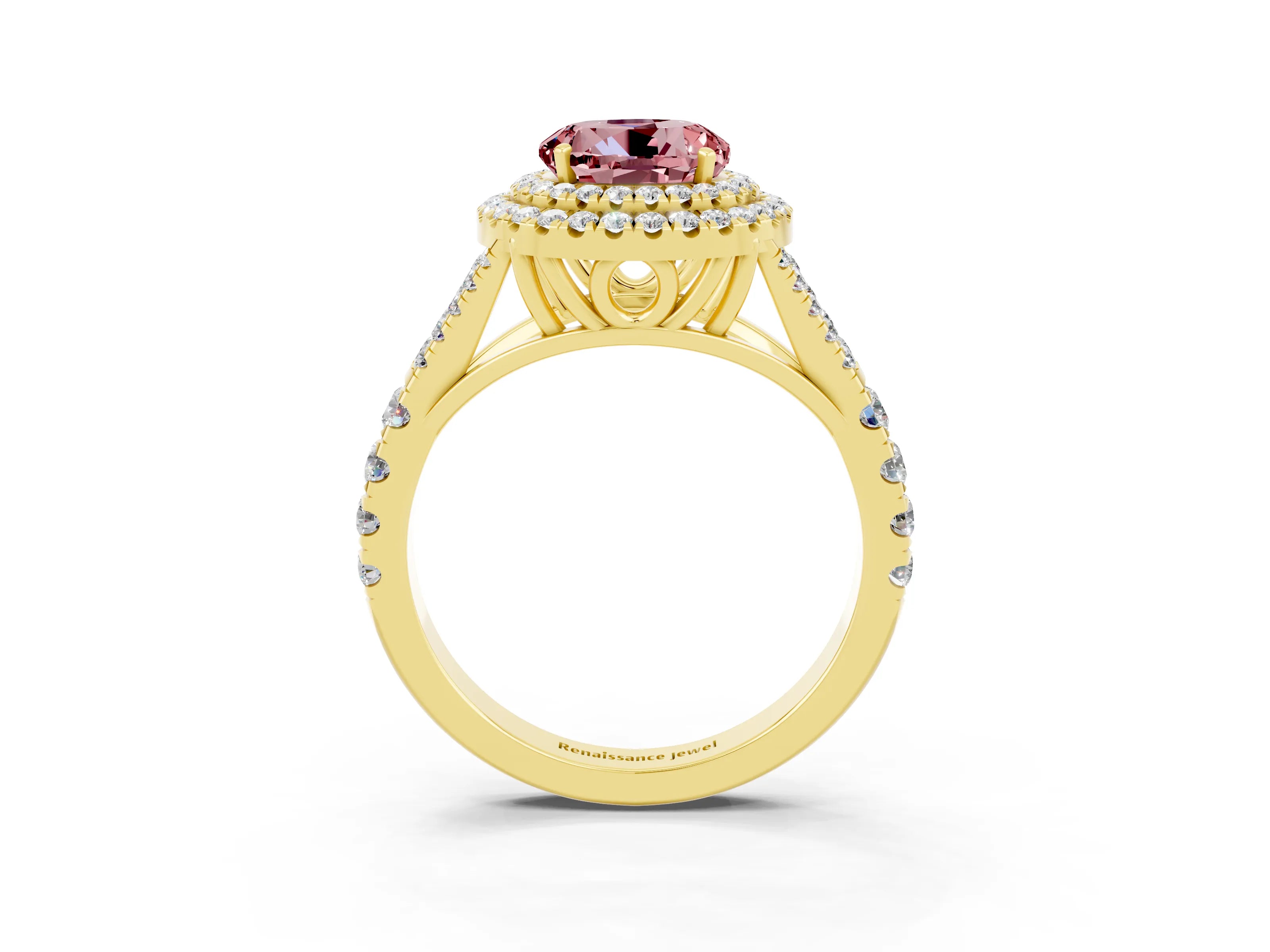 Yellow gold Double Halo Round Cut Morganite Pavé Split Shank Ring with Prong Setting_3