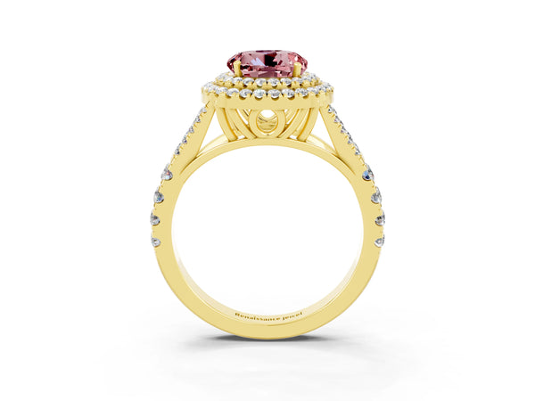Yellow gold Double Halo Round Cut Morganite Pavé Split Shank Ring with Prong Setting