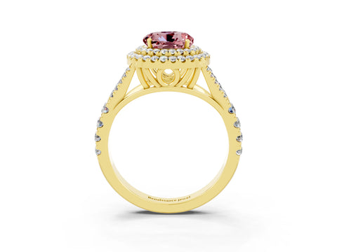 Yellow gold Double Halo Round Cut Morganite Pavé Split Shank Ring with Prong Setting_3