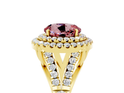 Yellow gold Double Halo Round Cut Morganite Pavé Split Shank Ring with Prong Setting_5