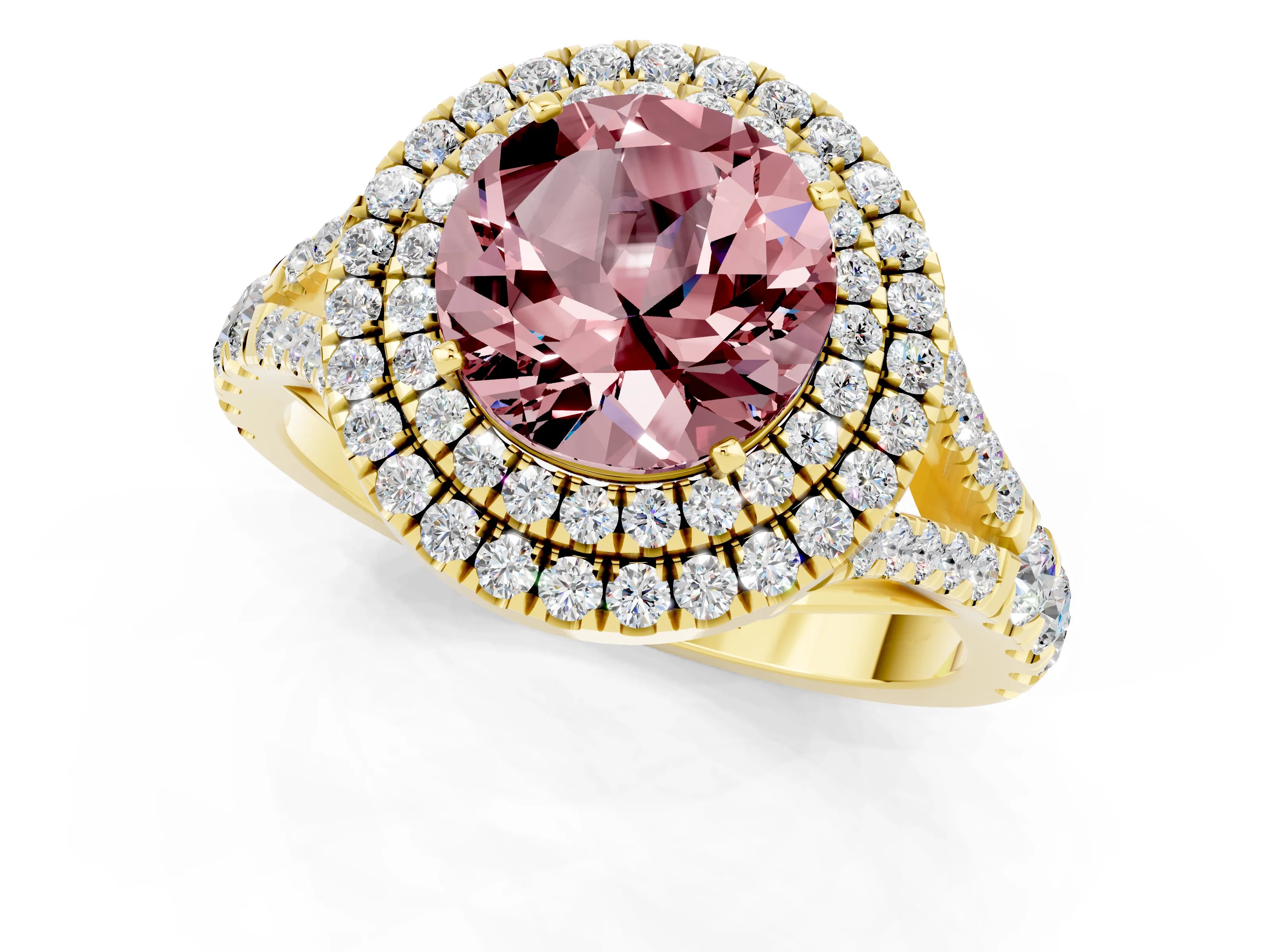 Yellow gold Double Halo Round Cut Morganite Split Shank Engagement Ring with Four-Prong Setting_1