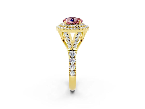 Yellow gold Double Halo Round Cut Morganite Split Shank Engagement Ring with Four-Prong Setting