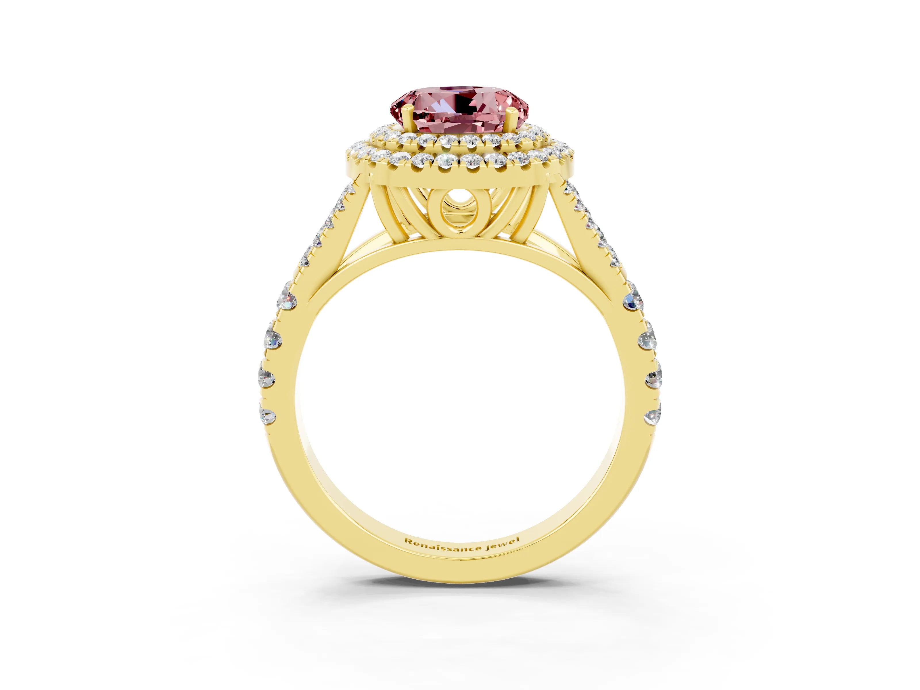 Yellow gold Double Halo Round Cut Morganite Split Shank Engagement Ring with Four-Prong Setting_3
