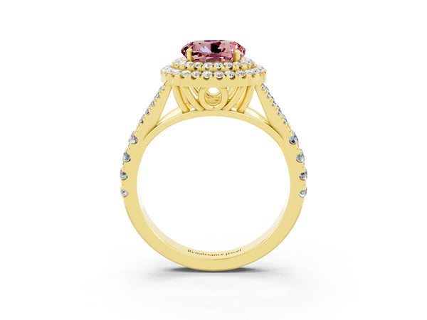 Yellow gold Double Halo Round Cut Morganite Split Shank Engagement Ring with Four-Prong Setting