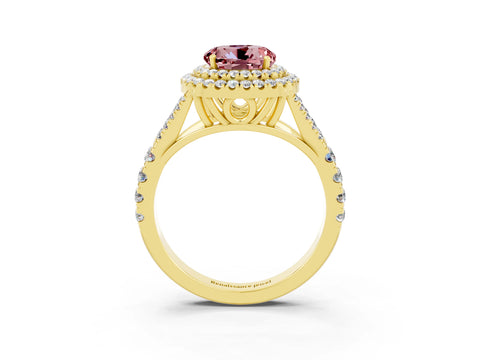 Yellow gold Double Halo Round Cut Morganite Split Shank Engagement Ring with Four-Prong Setting_3