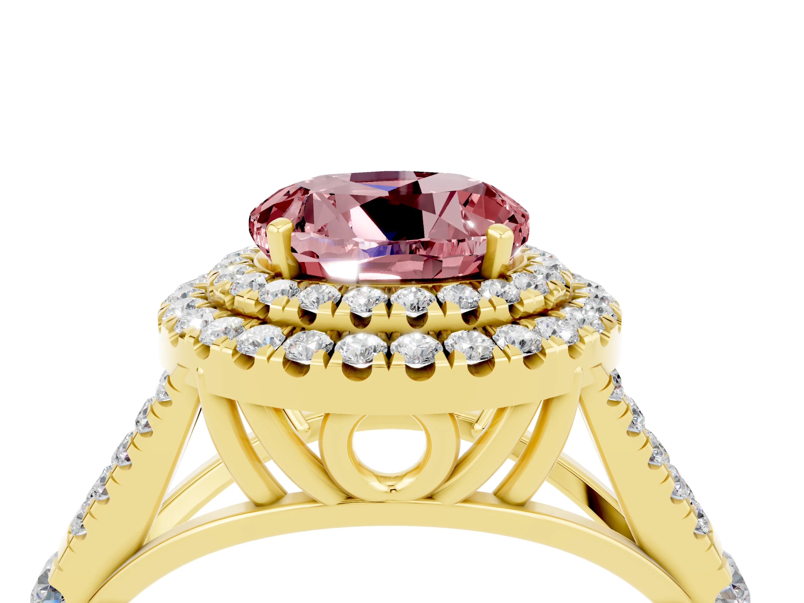 Yellow gold Double Halo Round Cut Morganite Split Shank Engagement Ring with Four-Prong Setting_4