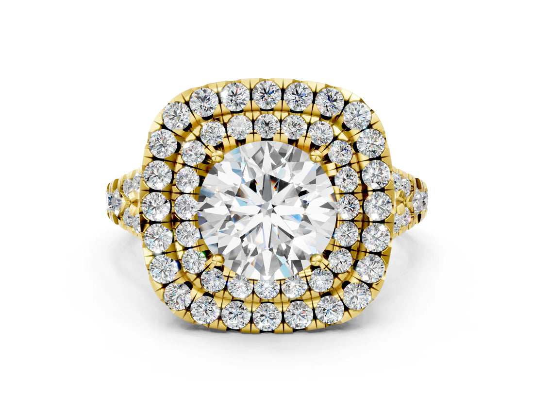 Yellow gold Double Halo Round Cut Pave Split Shank Prong Set Ring_18