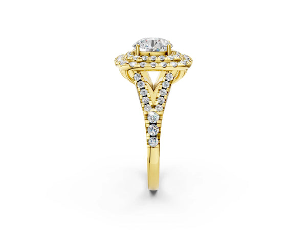 Yellow Gold Round Halo Pave Split Shank Engagement Ring Setting