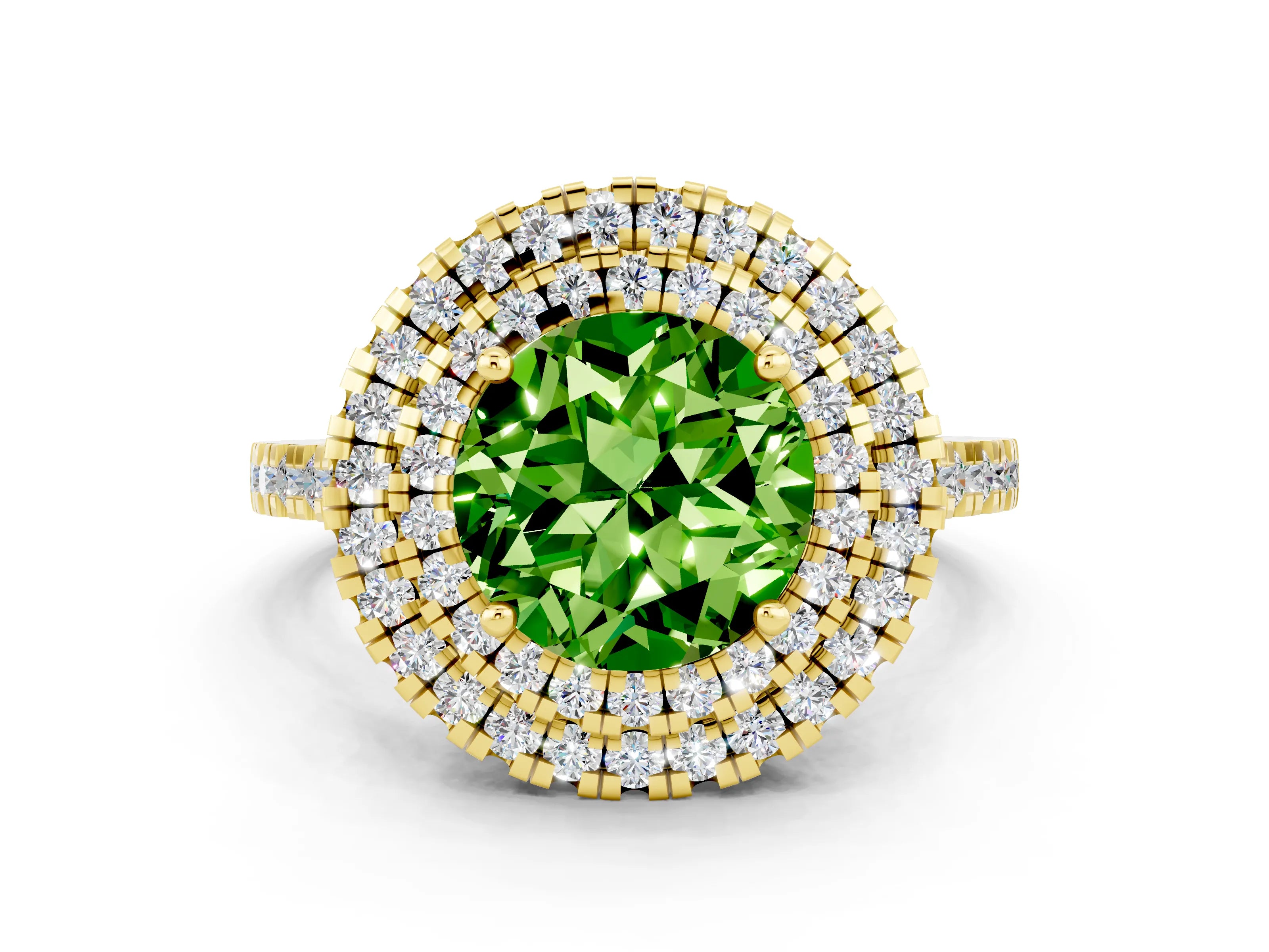 Yellow gold Double Halo Round Cut Peridot Pavé Band with Four-Prong Setting