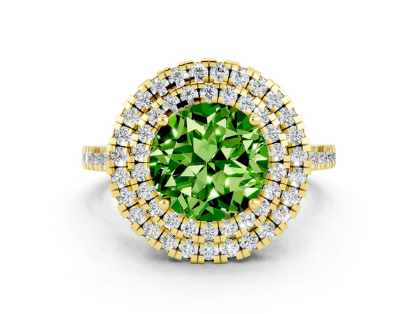 Yellow gold Double Halo Round Cut Peridot Pavé Band with Four-Prong Setting