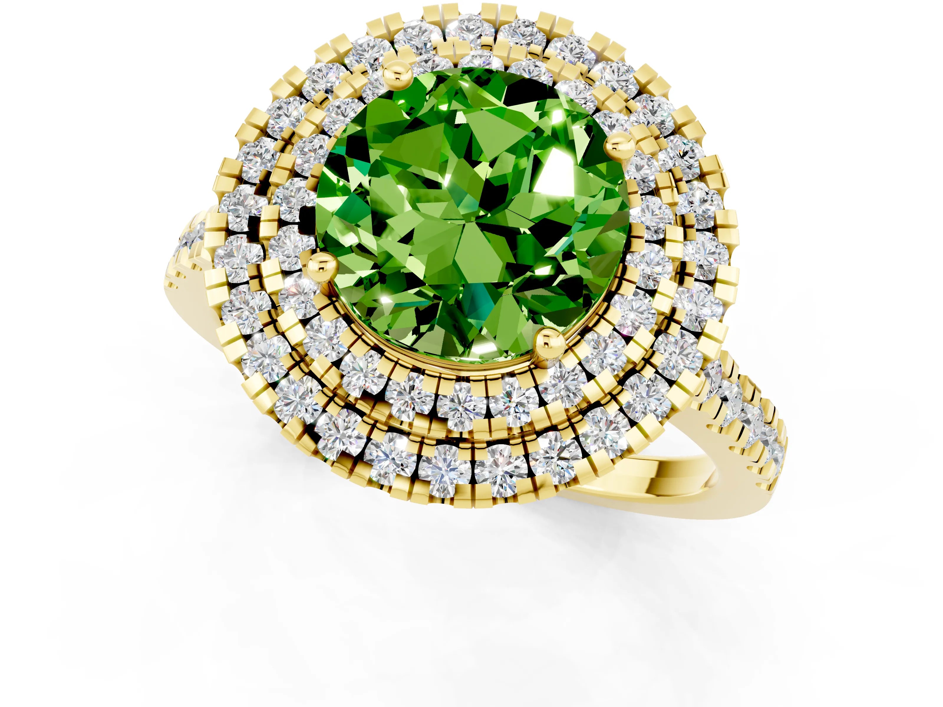 Yellow gold Double Halo Round Cut Peridot Pavé Band with Four-Prong Setting_1