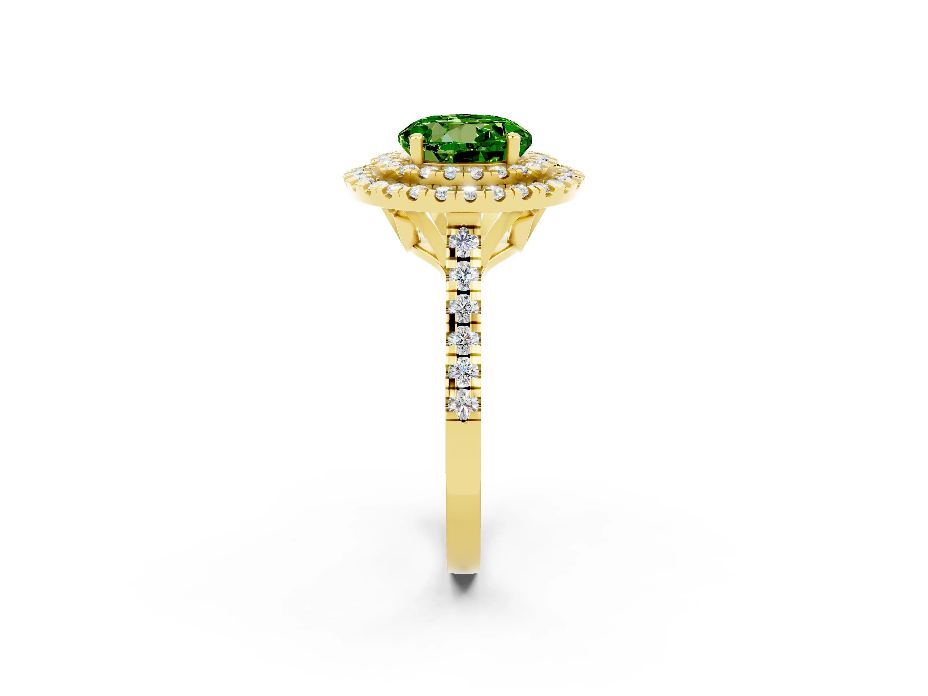 Yellow gold Double Halo Round Cut Peridot Pavé Band with Four-Prong Setting_2