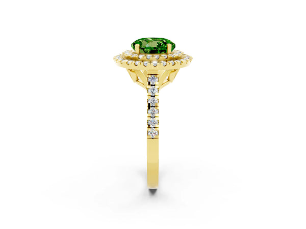 Yellow gold Double Halo Round Cut Peridot Pavé Band with Four-Prong Setting