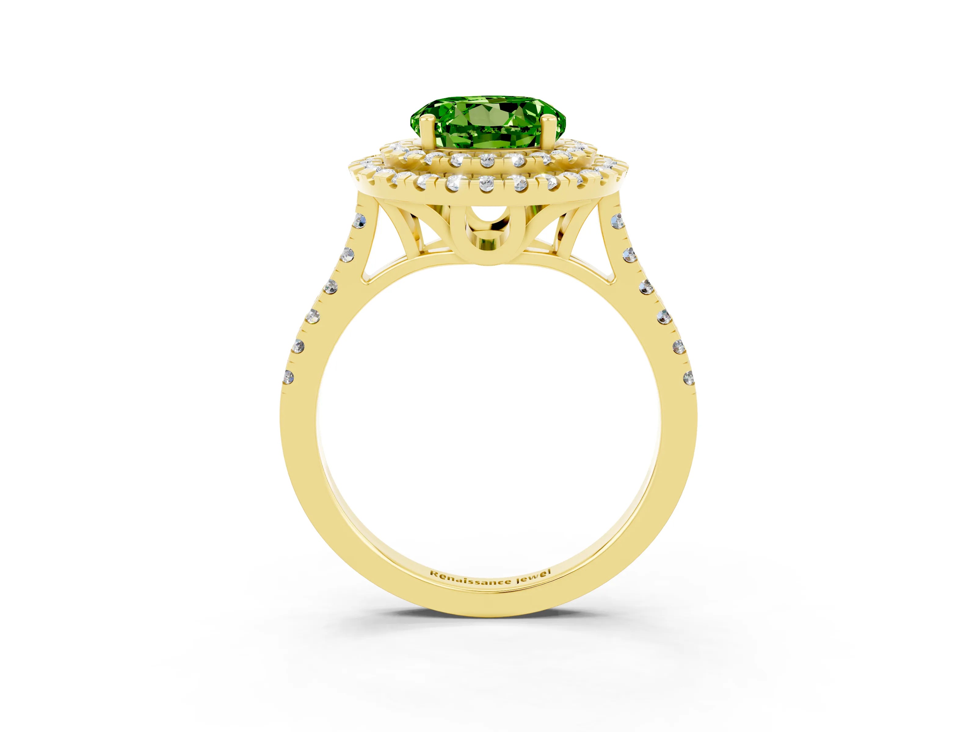 Yellow gold Double Halo Round Cut Peridot Pavé Band with Four-Prong Setting_3