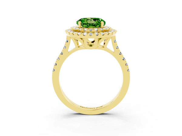 Yellow gold Double Halo Round Cut Peridot Pavé Band with Four-Prong Setting