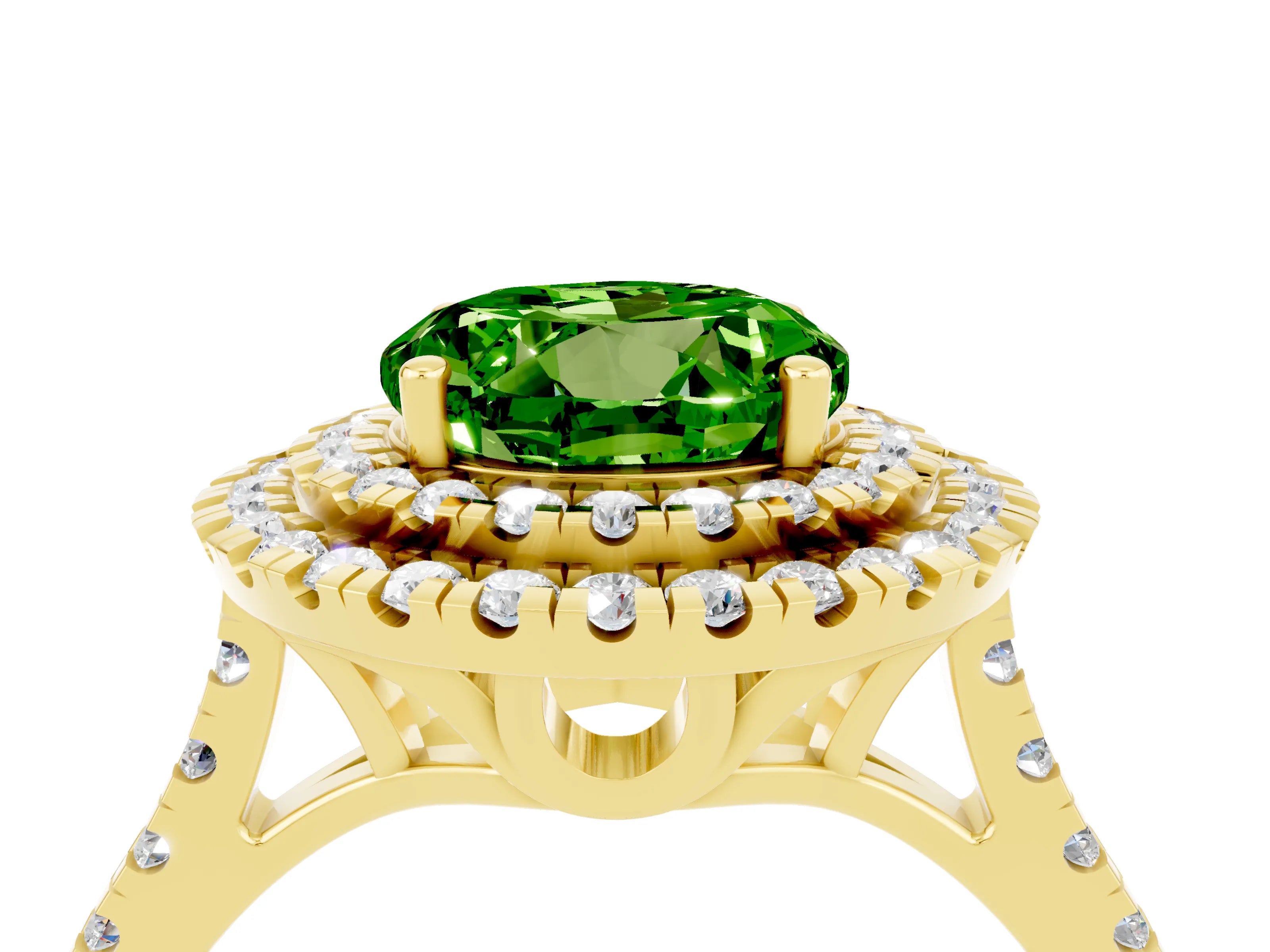 Yellow gold Double Halo Round Cut Peridot Pavé Band with Four-Prong Setting_4