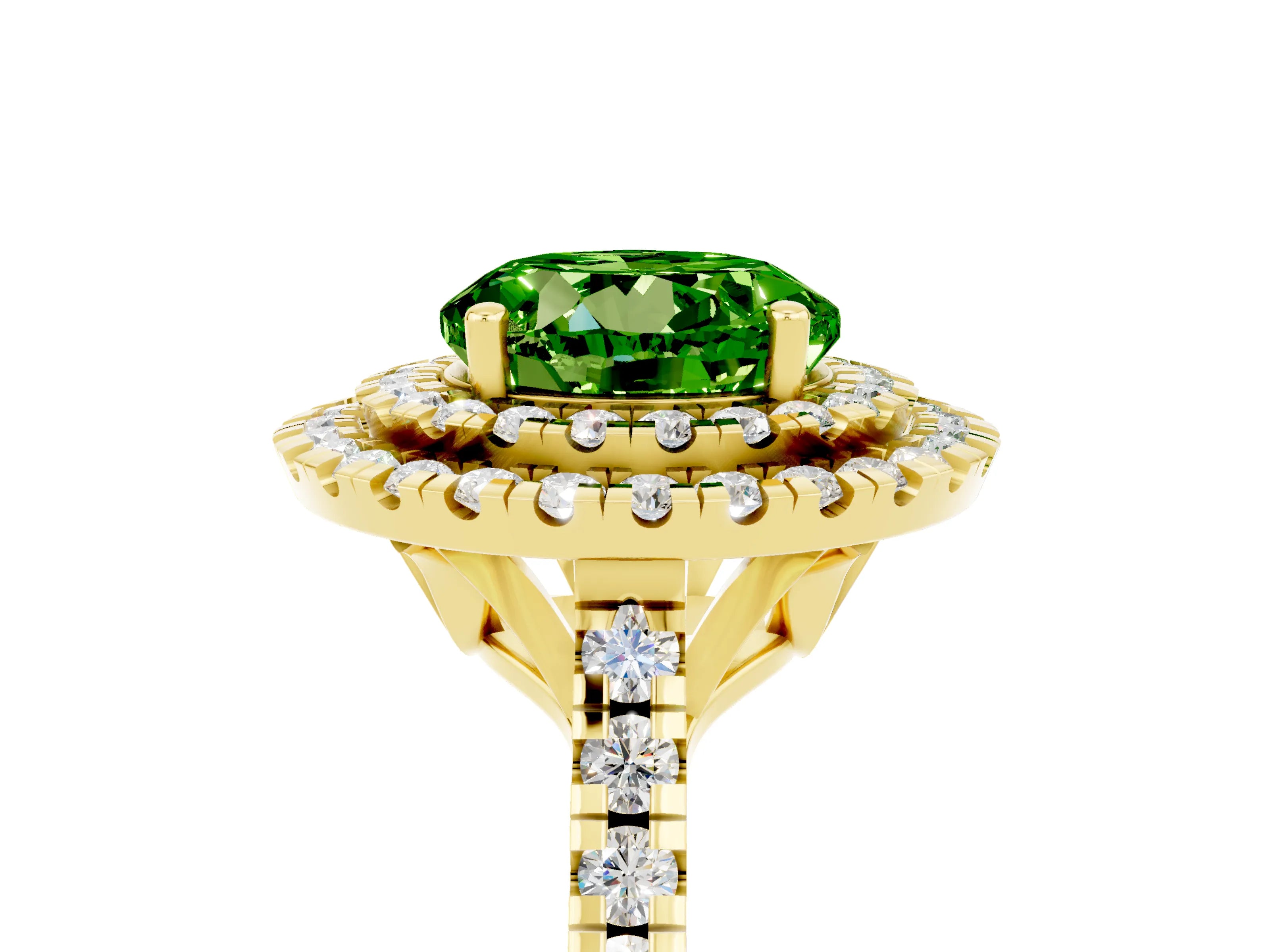 Yellow gold Double Halo Round Cut Peridot Pavé Band with Four-Prong Setting_5