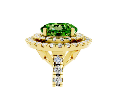Yellow gold Double Halo Round Cut Peridot Pavé Band with Four-Prong Setting_5