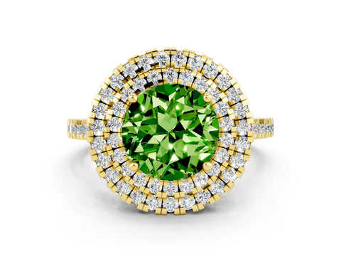 Yellow gold Double Halo Round Cut Peridot Pavé Band with Four-Prong Setting