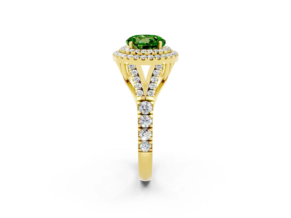 Yellow gold Double Halo Round Cut Peridot Pavé Split Shank Ring with Prong Setting