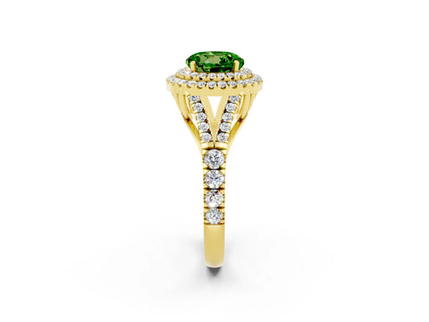 Yellow gold Double Halo Round Cut Peridot Pavé Split Shank Ring with Prong Setting_2