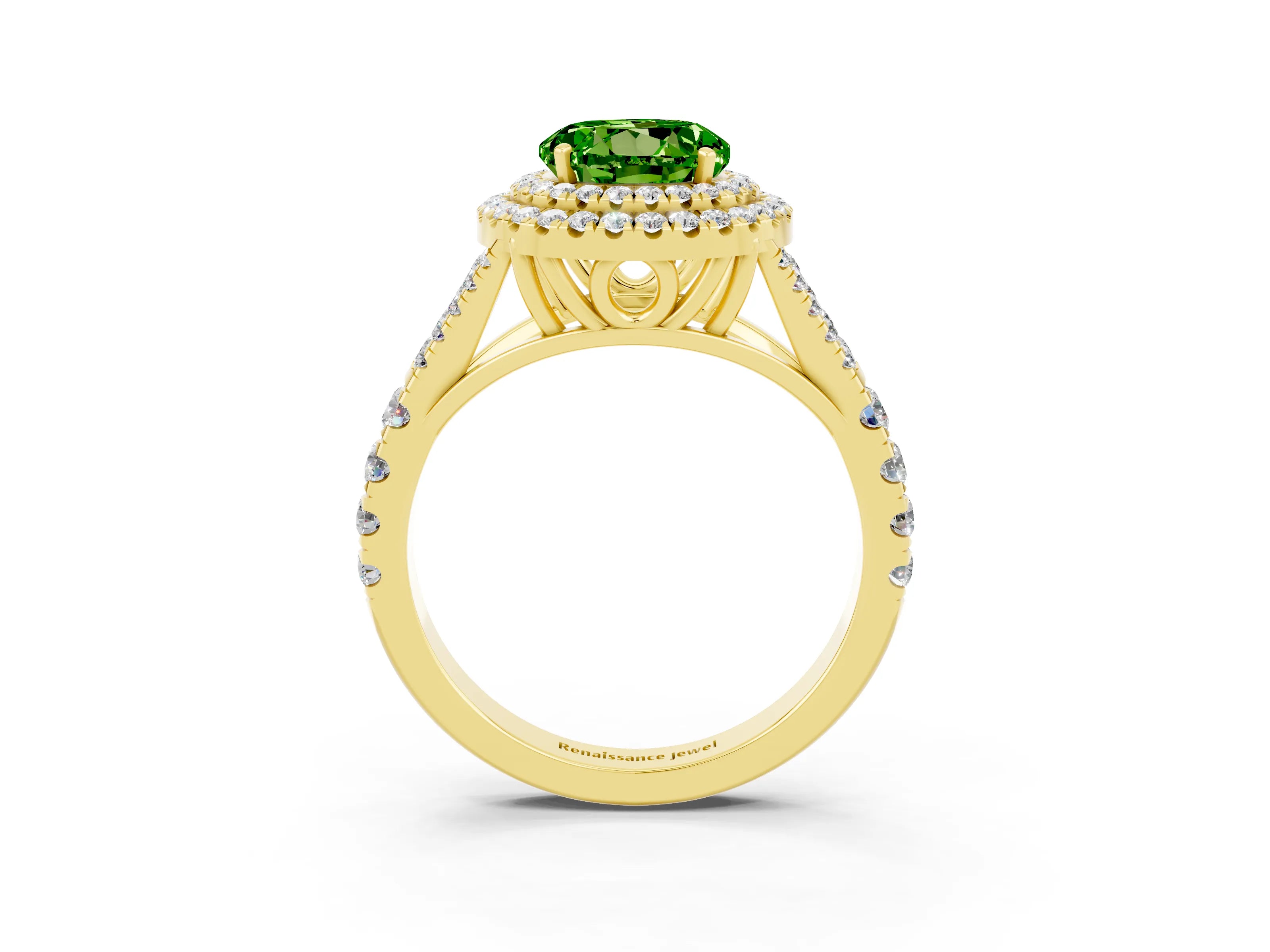 Yellow gold Double Halo Round Cut Peridot Pavé Split Shank Ring with Prong Setting_3