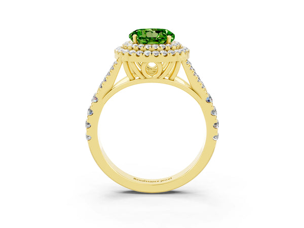Yellow gold Double Halo Round Cut Peridot Pavé Split Shank Ring with Prong Setting