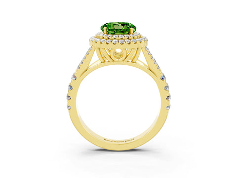 Yellow gold Double Halo Round Cut Peridot Pavé Split Shank Ring with Prong Setting_3