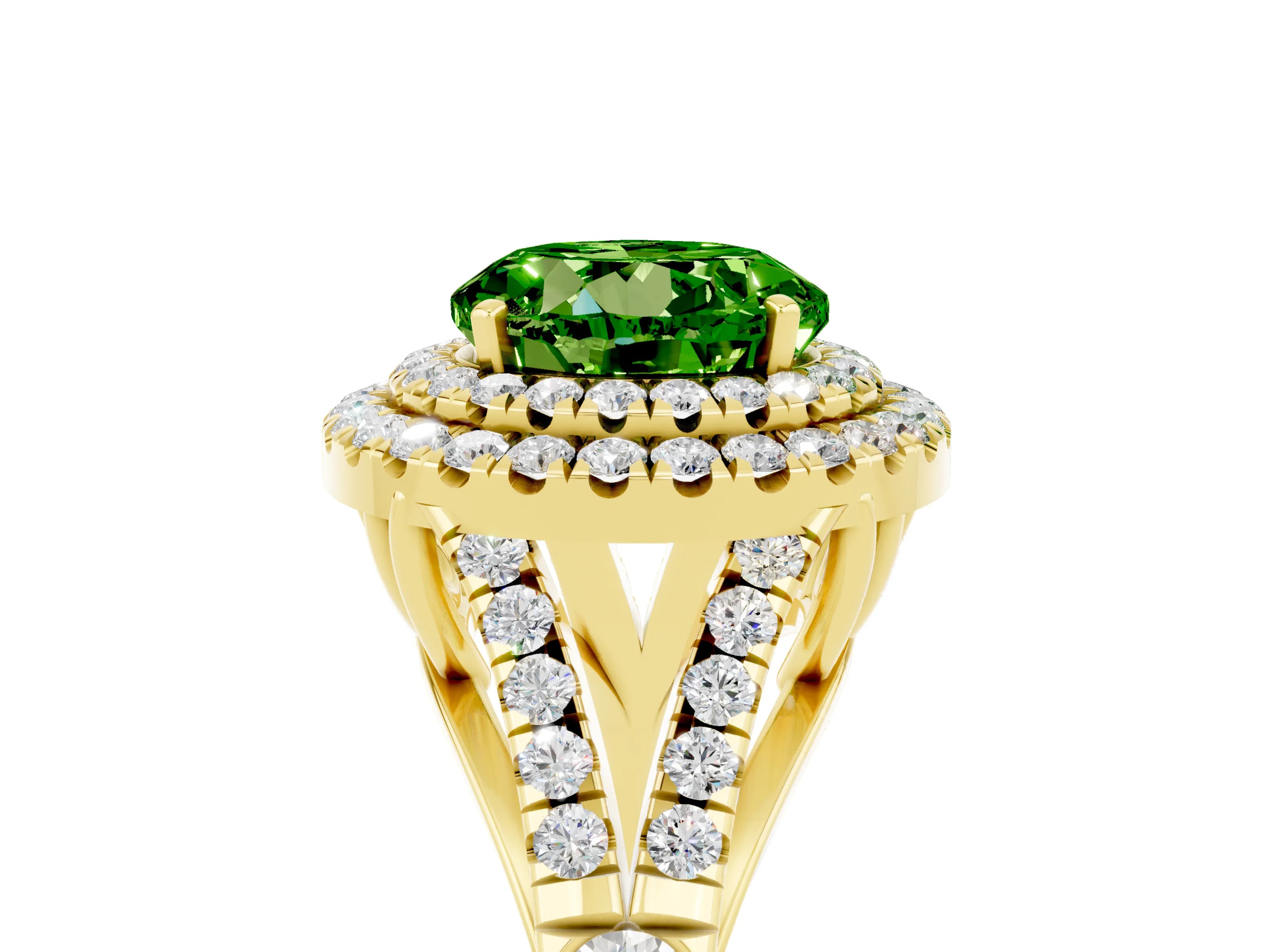 Yellow gold Double Halo Round Cut Peridot Pavé Split Shank Ring with Prong Setting_5