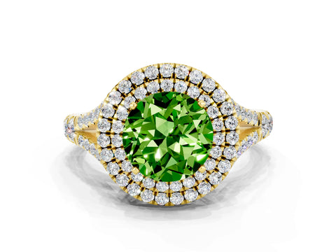 Yellow gold Double Halo Round Cut Peridot Pavé Split Shank Ring with Prong Setting