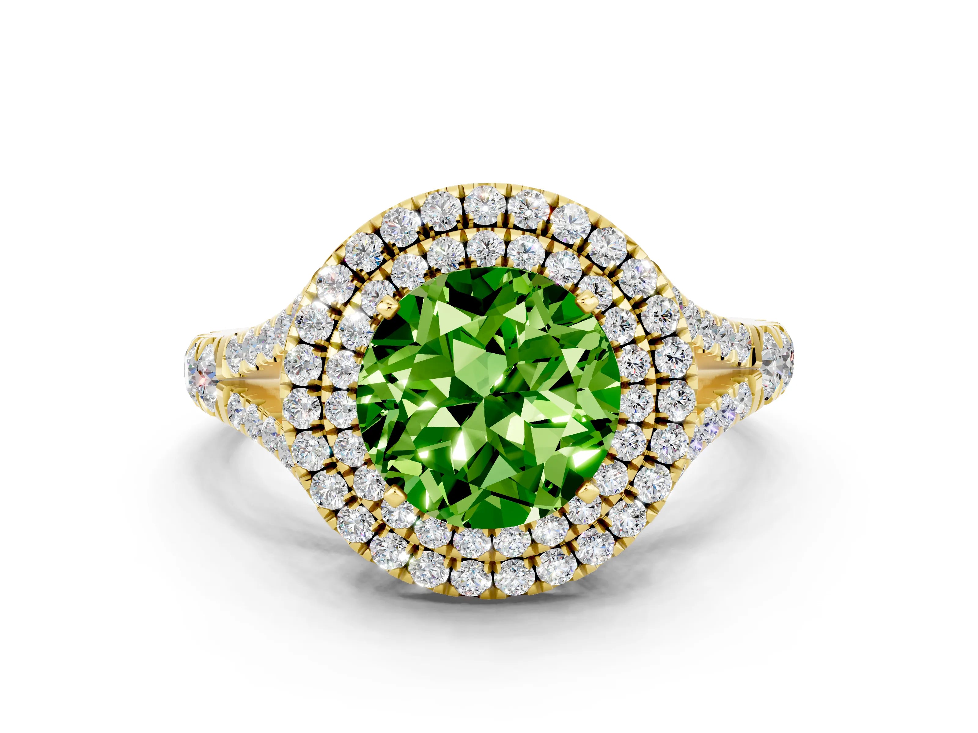 Yellow gold Double Halo Round Cut Peridot Split Shank Engagement Ring with Four-Prong Setting