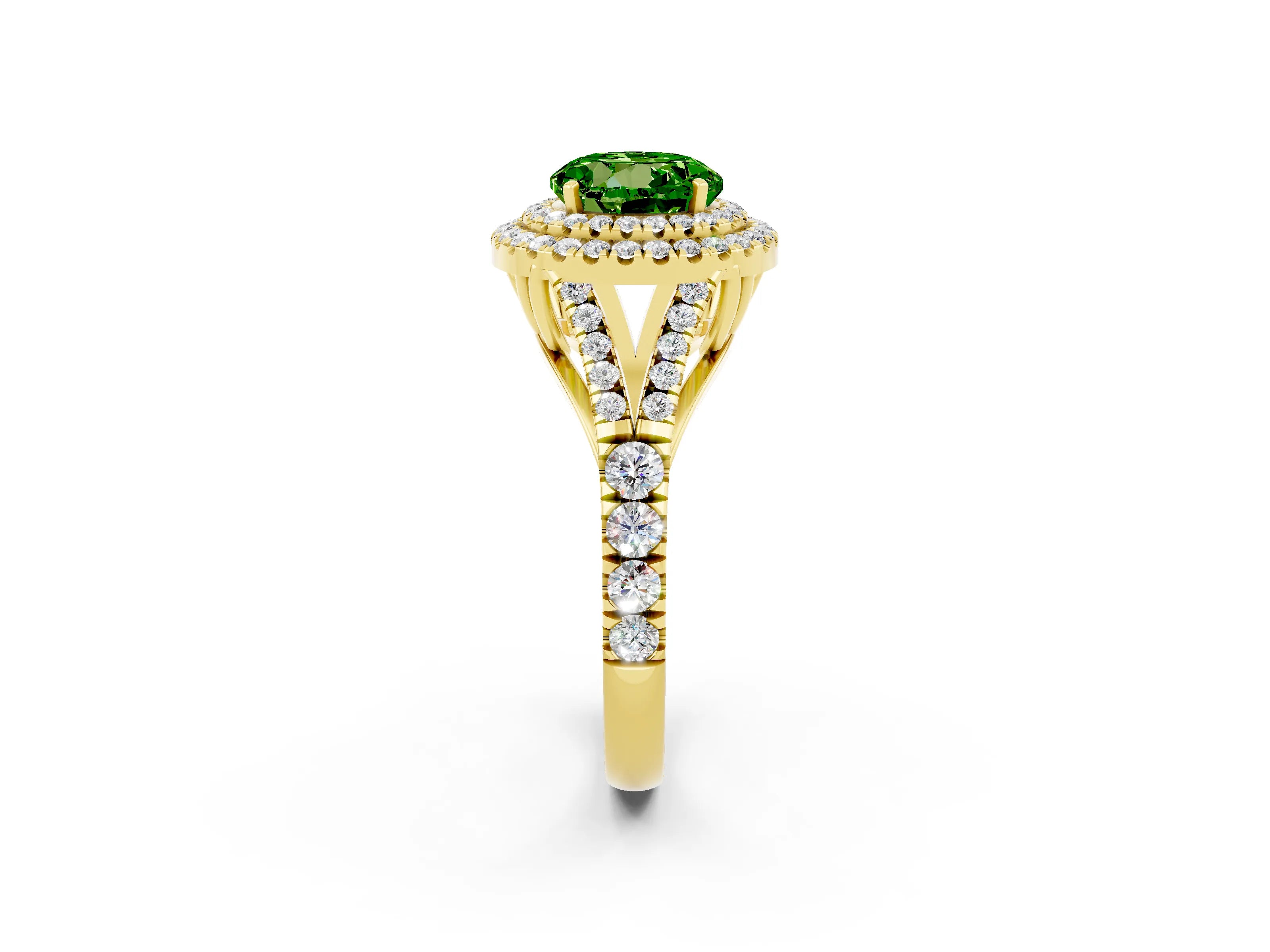 Yellow gold Double Halo Round Cut Peridot Split Shank Engagement Ring with Four-Prong Setting_2