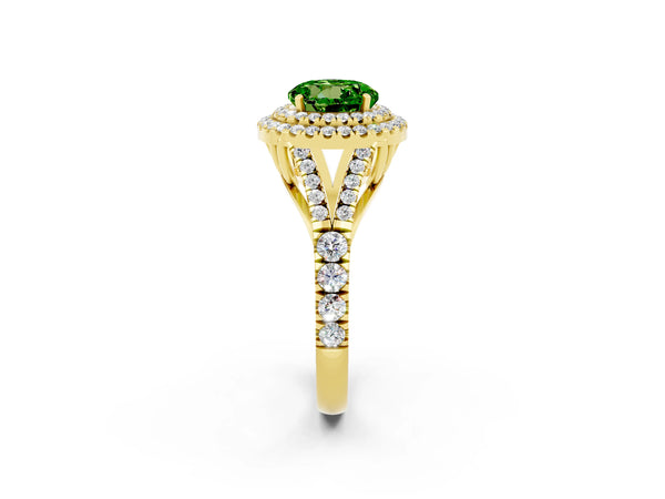 Yellow gold Double Halo Round Cut Peridot Split Shank Engagement Ring with Four-Prong Setting