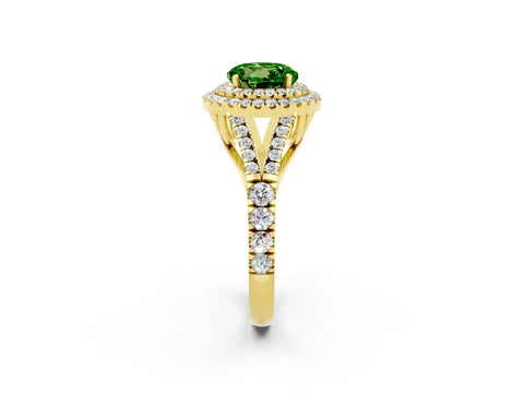 Yellow gold Double Halo Round Cut Peridot Split Shank Engagement Ring with Four-Prong Setting_2