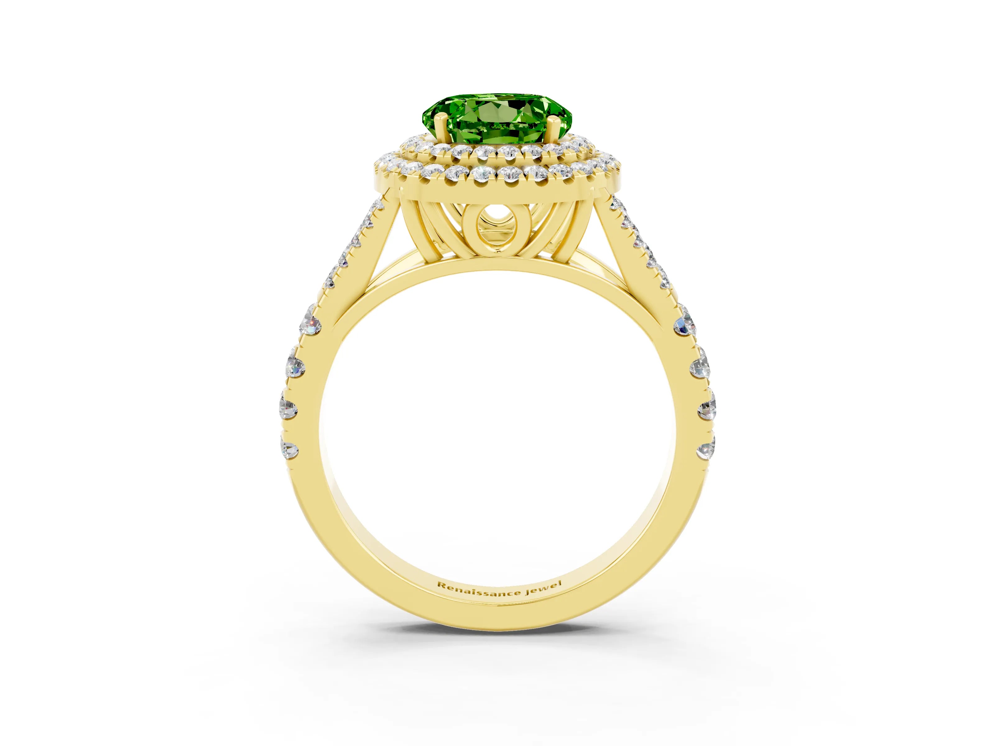 Yellow gold Double Halo Round Cut Peridot Split Shank Engagement Ring with Four-Prong Setting_3