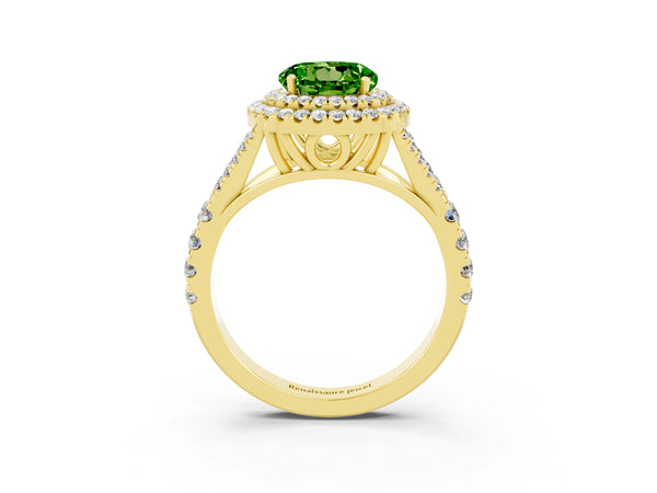 Yellow gold Double Halo Round Cut Peridot Split Shank Engagement Ring with Four-Prong Setting