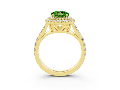 Yellow gold Double Halo Round Cut Peridot Split Shank Engagement Ring with Four-Prong Setting_3